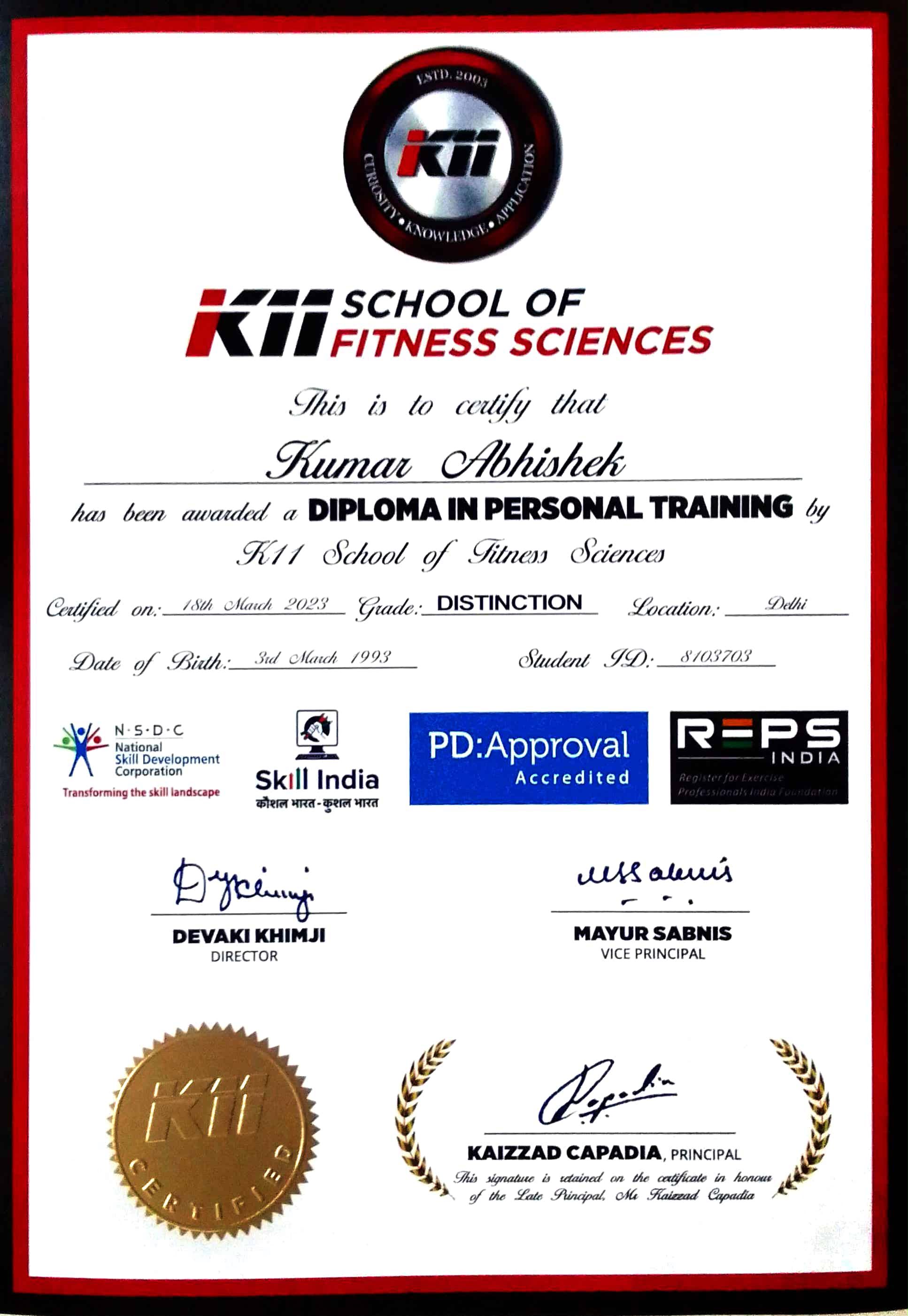 Diploma in Personal Training certificate